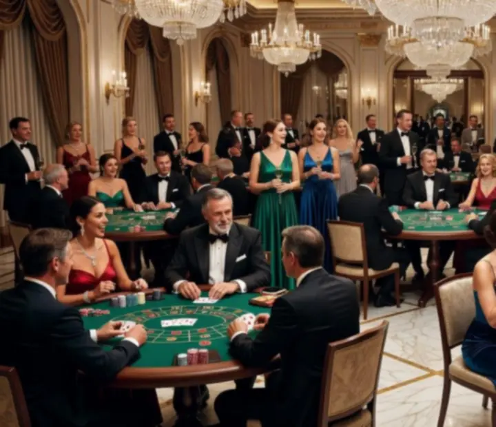 Cinematiczny luksusowy event kasynowy Wonderstar s. r. o. z gośćmi przy stołach pokerowych i ruletce