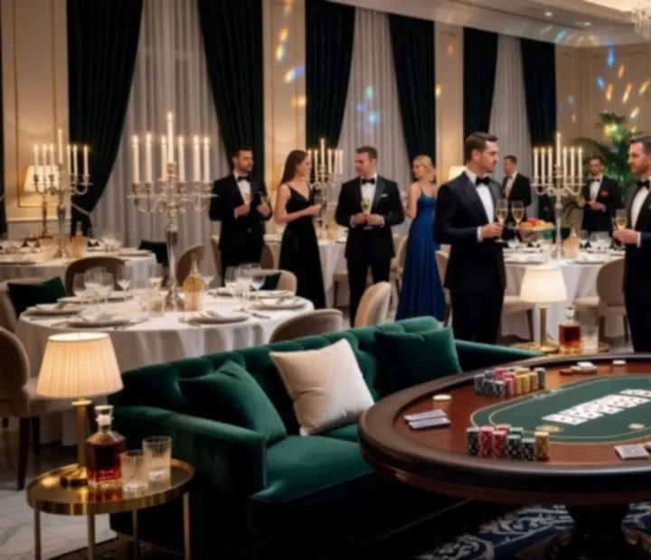 Luksusowa gala firmowa Wonderstar s. r. o. z dekoracjami, sceną i elegancko ubranymi gośćmi.