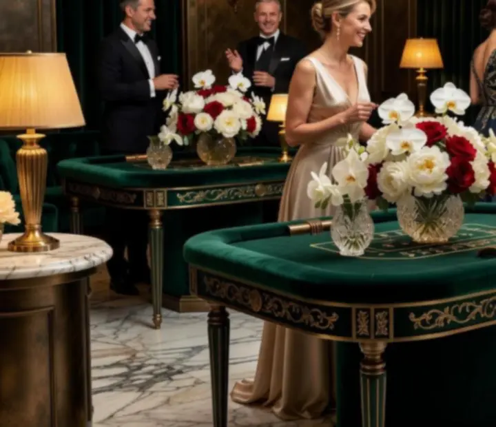 Luksusowa aranżacja przestrzeni kasynowej z eleganckimi stołami pokerowymi, złotym światłem i kwiatami