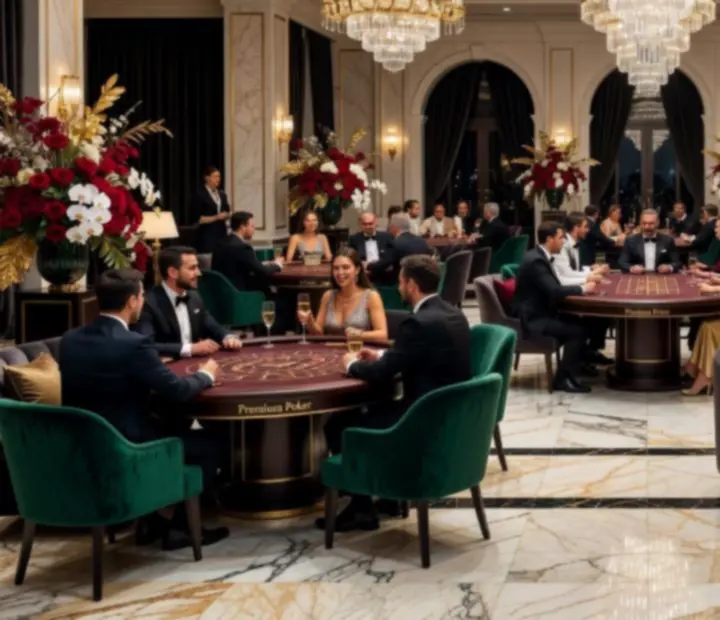 Luksusowa sala balowa z eleganckimi stołami do gier casino i gośćmi podczas ekskluzywnego eventu
