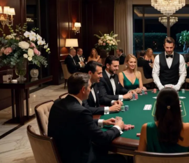 Wieczorna gala pokerowa w luksusowej warszawskiej rezydencji z elegancko ubranymi gośćmi