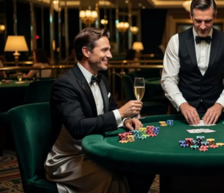 Elegancko oświetlone stoły pokerowe podczas wieczornego eventu