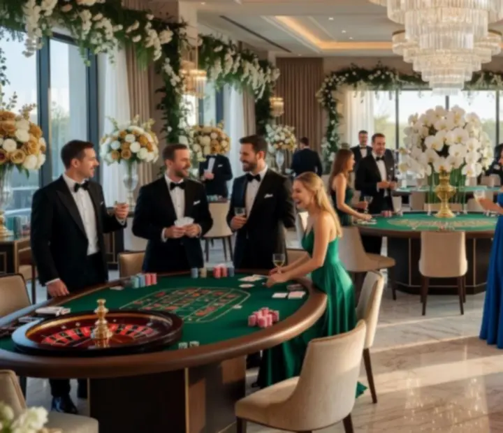 Luksusowo zaaranżowana sala na wieczór kasynowy z eleganckimi stołami pokerowymi i bawiącymi się gośćmi