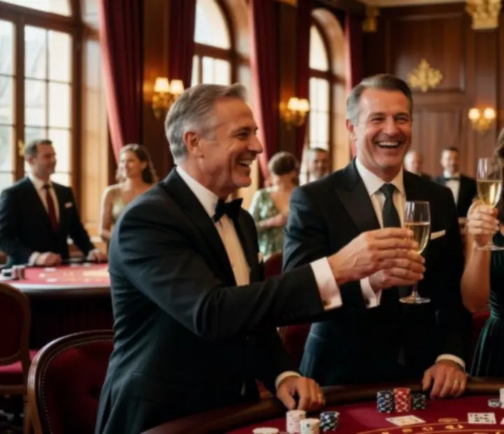Goście podczas eleganckiego wieczoru kasynowego śmiejący się przy stołach do gry